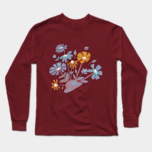 Blue Bowler Hat & Flower Blooms Long Sleeve T-Shirt